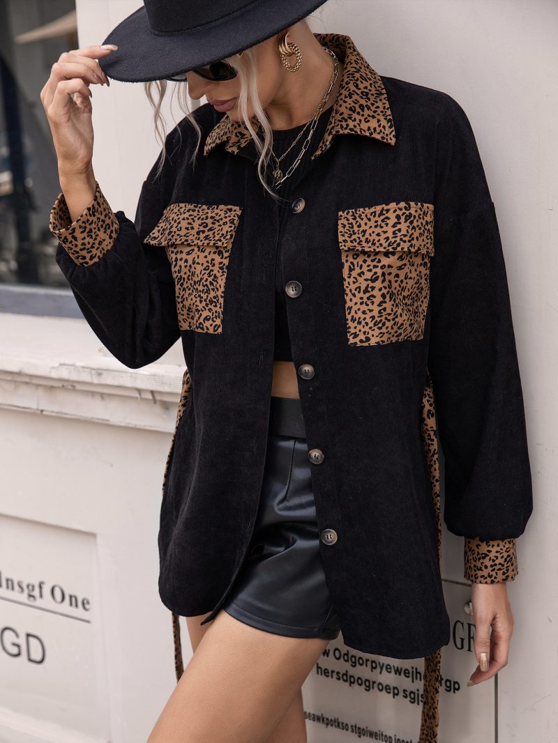 Leopard Splicing Trench Coat for Women - Image 4