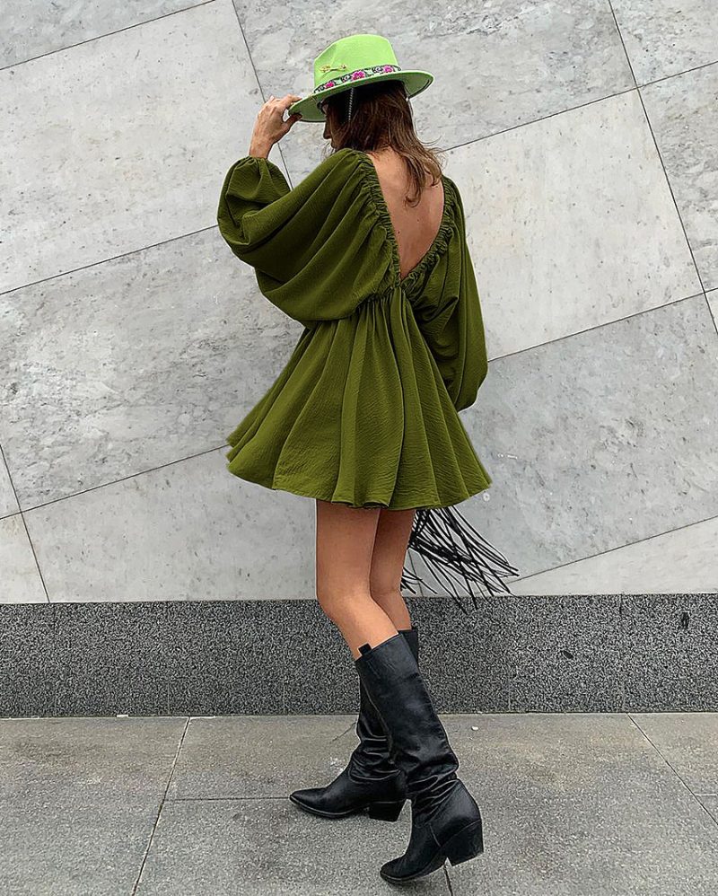 Autumn Short Lantern Sleeve V-Neck Dress - Image 3