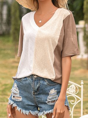 V-Neck Contrast Loose T-Shirt for Women