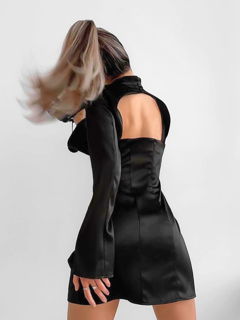 Chinese Stand-up Collar Black Slim Fit Dress - Image 6