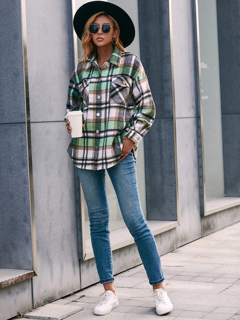 Fleece Long-Sleeve Checked Shacket for Women - Image 6