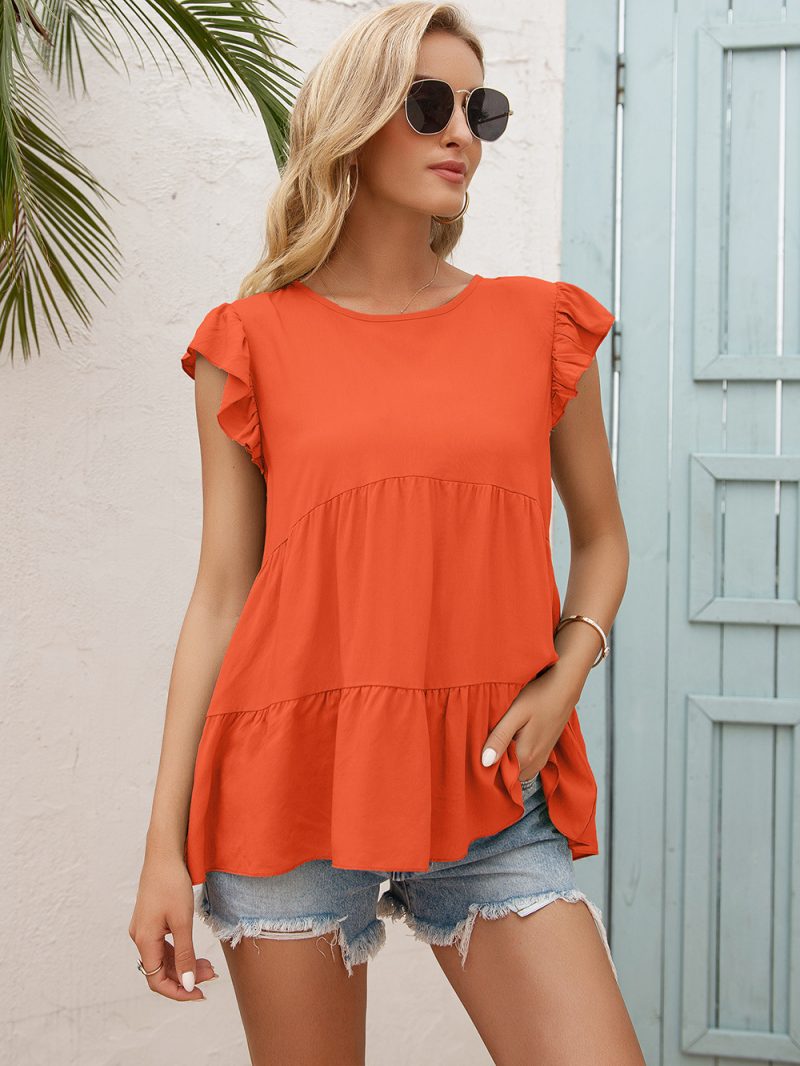Loose Round Neck Wooden Ear Sleeve Top - Image 5