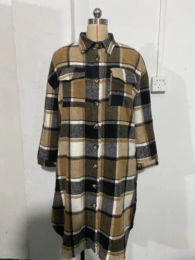Slim Fit Woolen Plaid Trench Coat for Women - Image 7