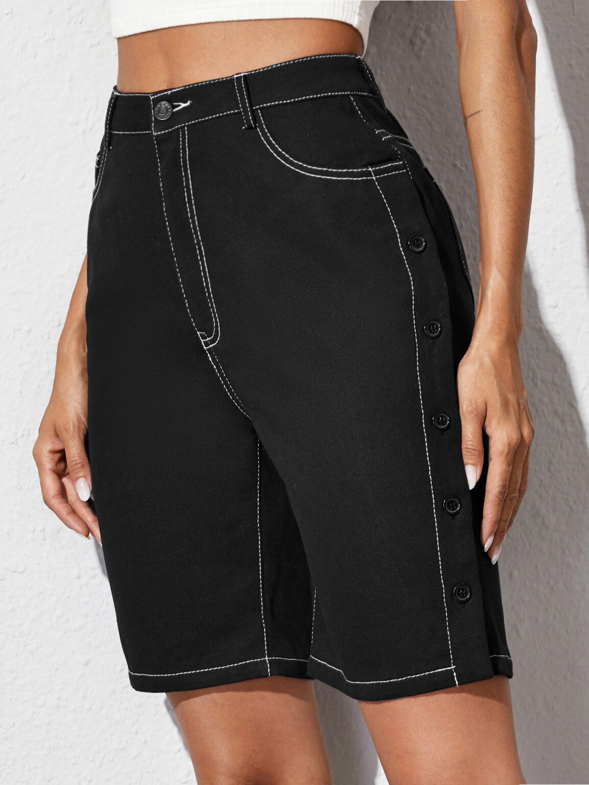 Button High Waist Denim Shorts - Image 2