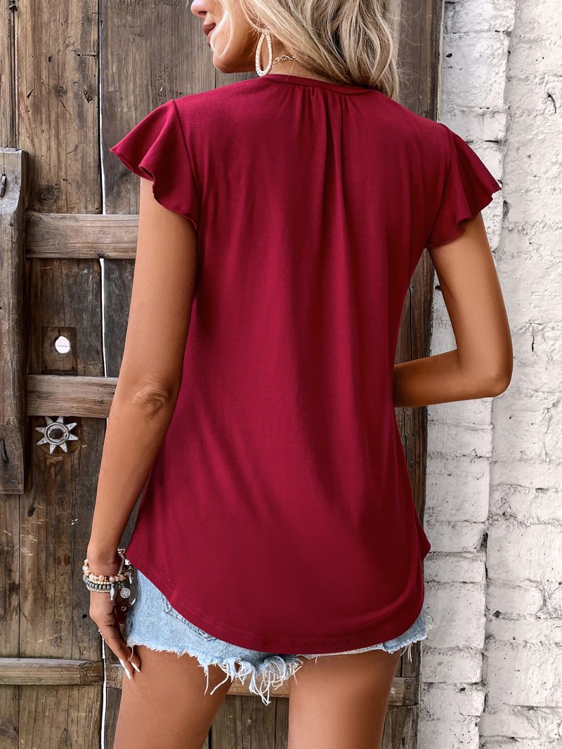 V-Neck Solid Color Short Sleeve T-shirt Top - Image 3