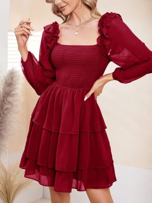 Square Collar Tiered Slimming Dress