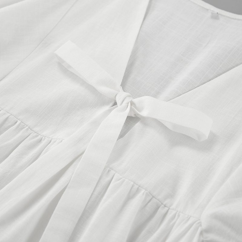 Cotton Linen Dress with French Tea Break Bubble Sleeves - Image 5