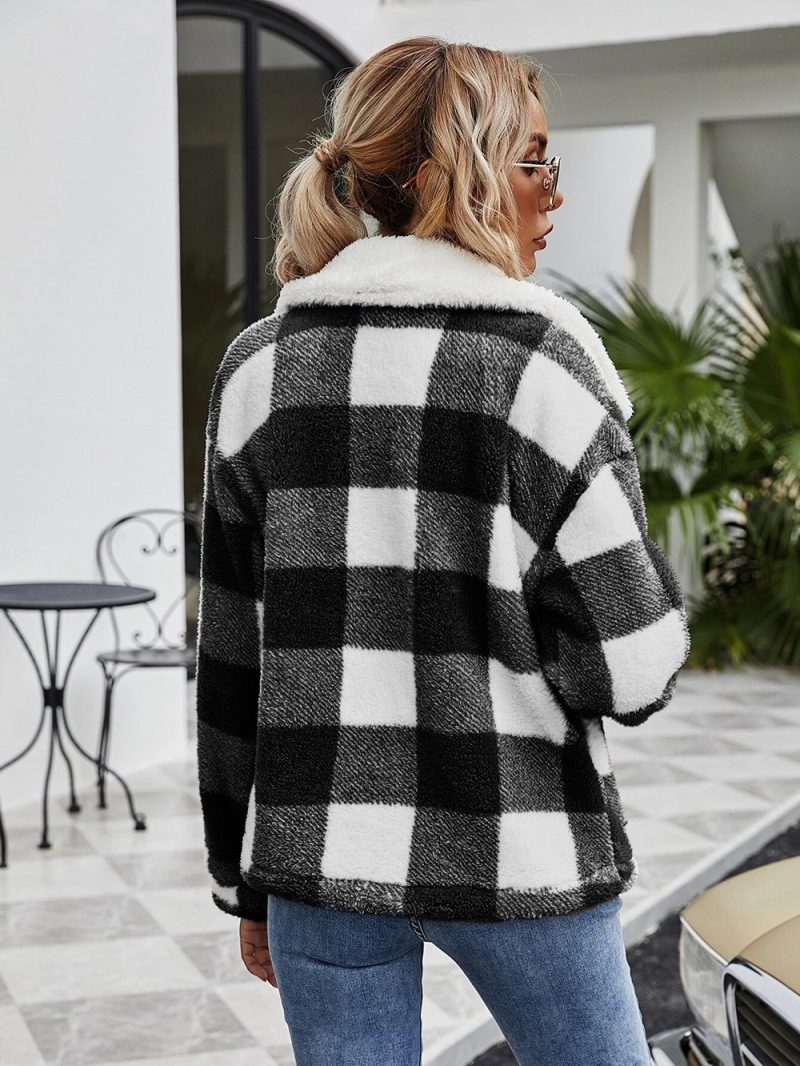 Zipper Collared Plaid Plush Coat - Image 7