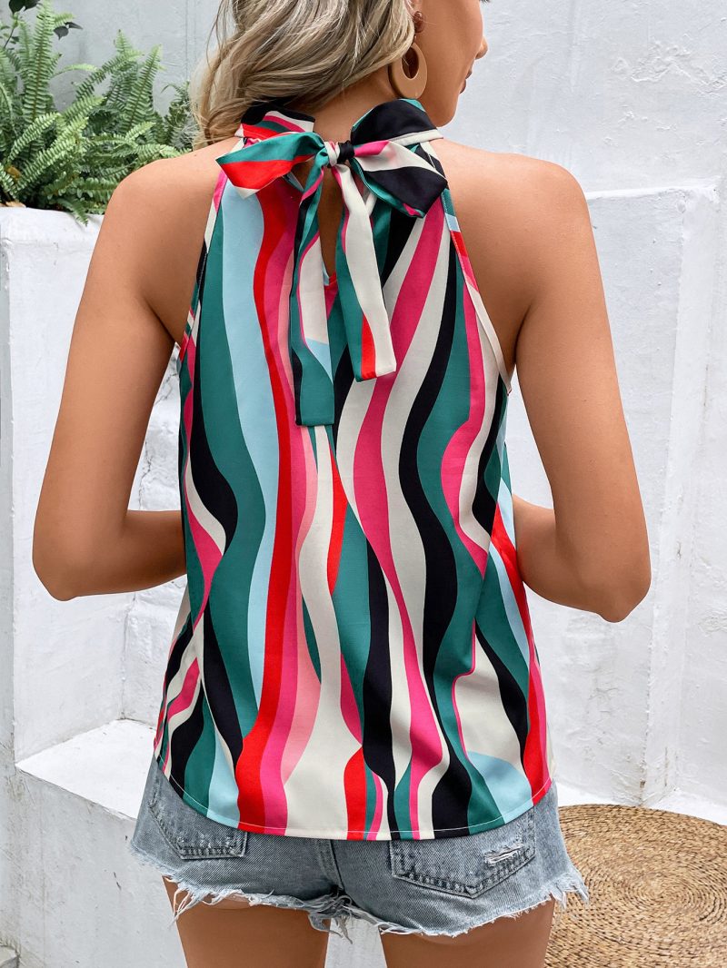 Casual Striped Halter Top with Painted Sleeveless Detail - Image 2