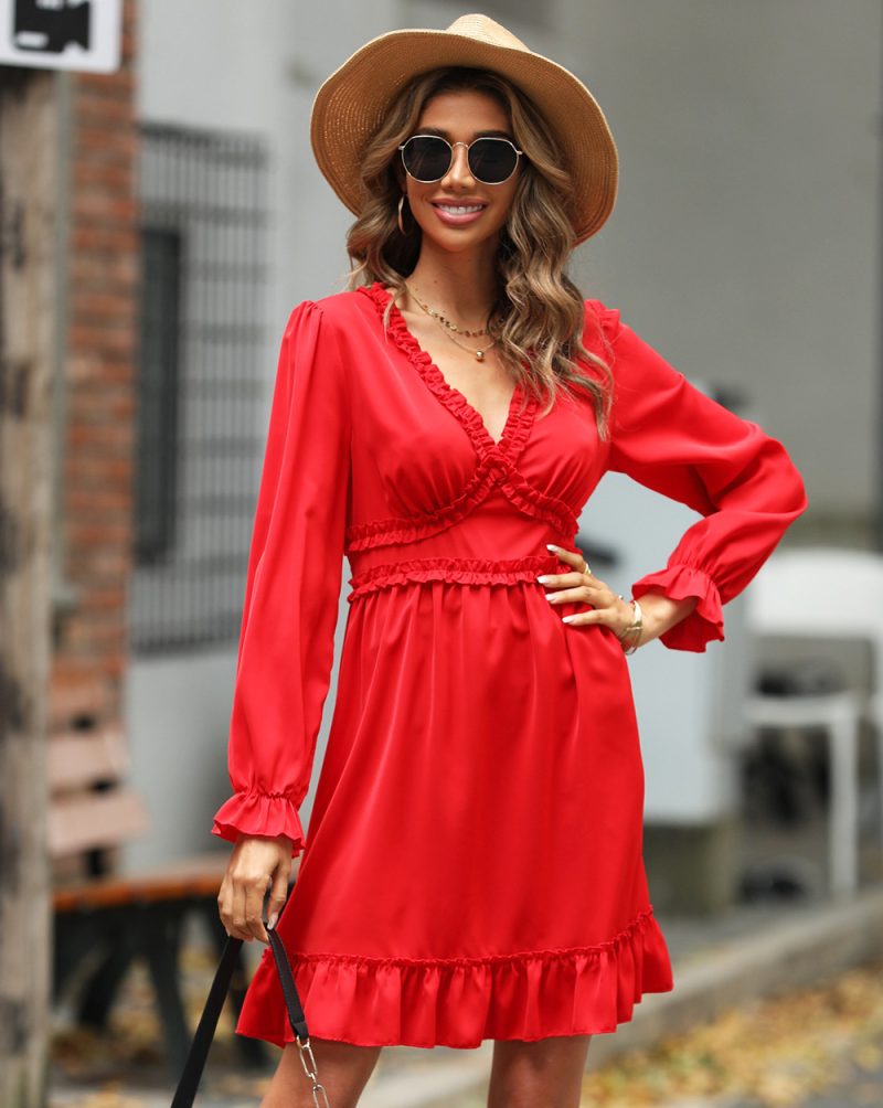 Ruffled V-Neck High Waist A-Line Dress