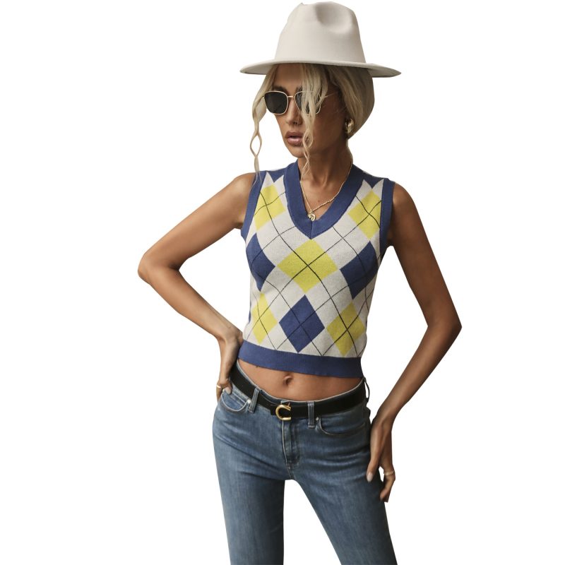 Color Matching Rhombus Plaid Sweater Vest - Image 3