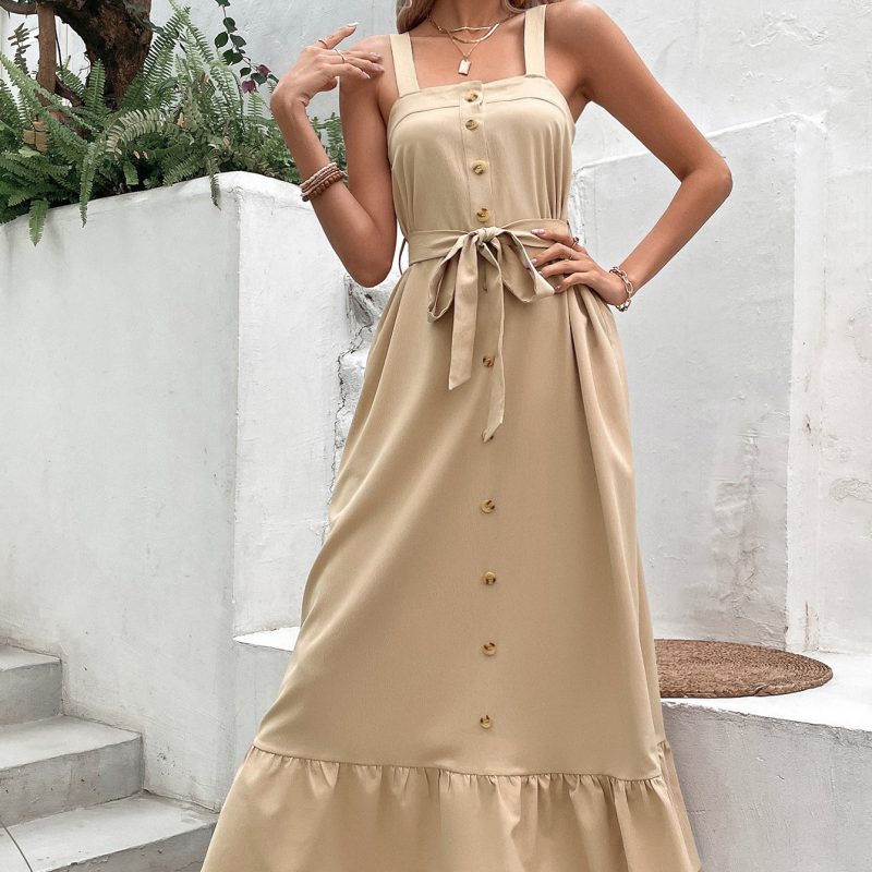 Elegant Square Collar Office Dress with Button Detail - Image 5