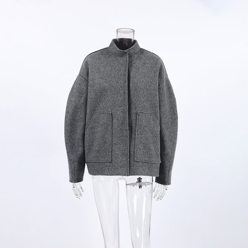 Gray Woolen Coat - Graceful Stand Collar Office Top - Image 5