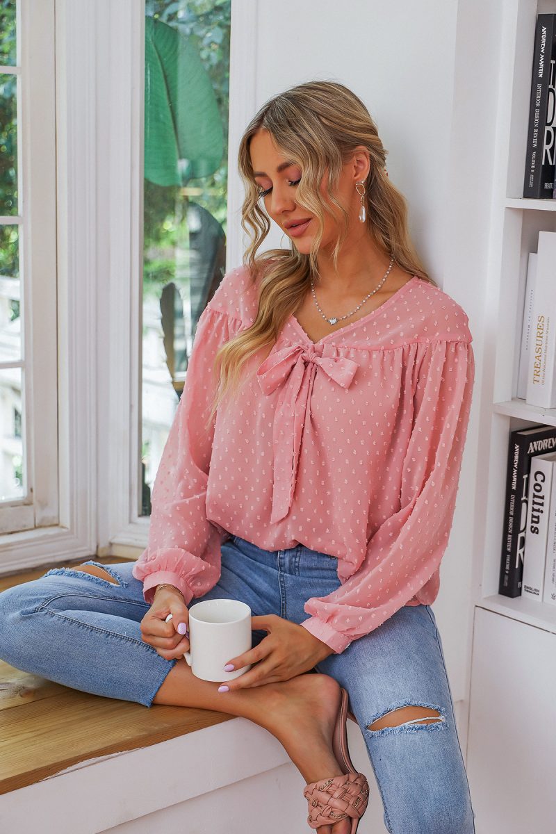 Lace-Up Solid Color Shirt - Image 4