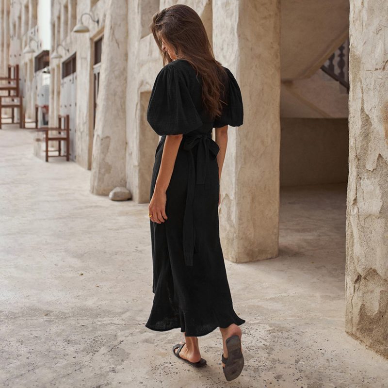 V-Neck Puff Sleeve Cropped Skirt Set - Image 4
