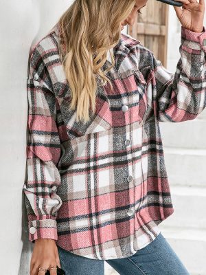 Fleece Long-Sleeve Checked Shacket for Women