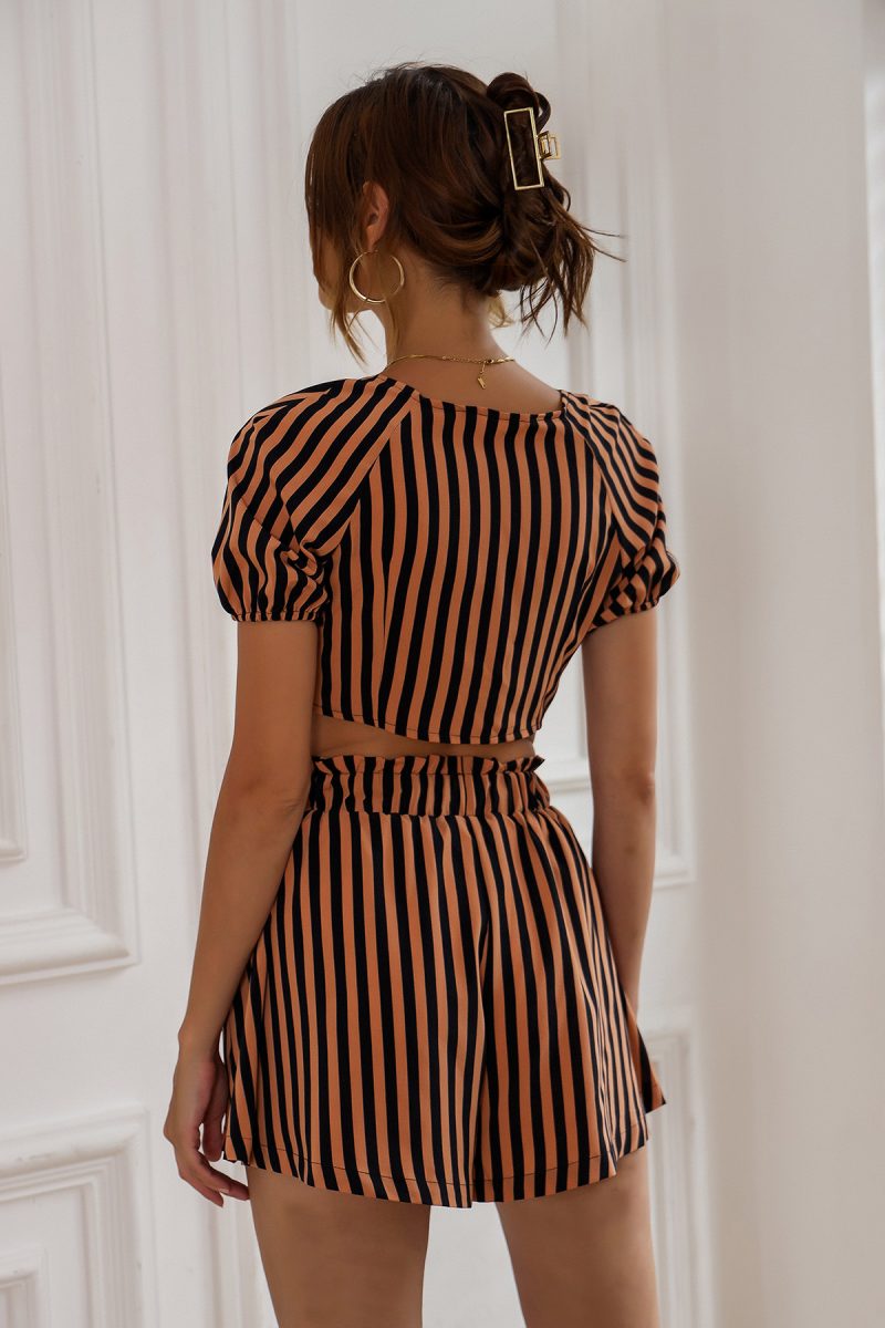 Summer Cropped Dark Brown Stripes Lace up Skirt Set - Image 5