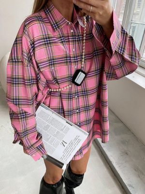 Retro Pink Plaid Collared Loose Shirt