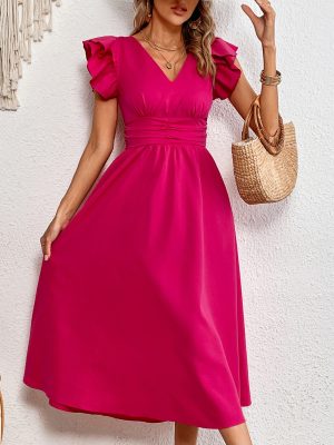 Elegant V-Neck Maxi Dress with Ruffle Sleeves