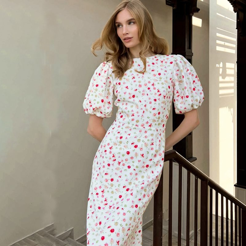 Sexy Print Fishtail Puff Sleeve Dress - Image 3