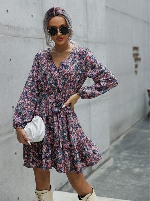 V-Neck Floral Long Sleeve Dress for Spring and Autumn