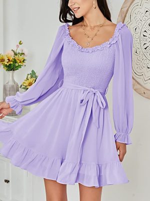 Chiffon Ruffled V-Neck A-Line Dress