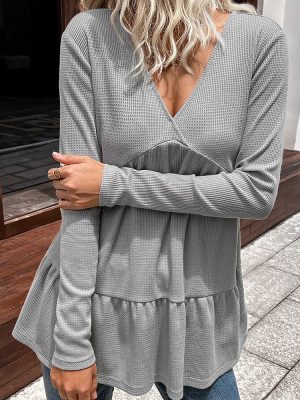 V-Neck Long Sleeve Babydoll Top for Women