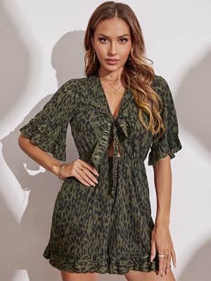 Dark Green Bell Sleeve V-Neck Romper