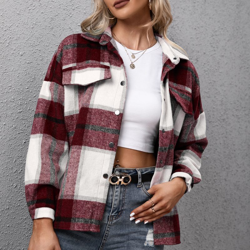 Cashmere Long-Sleeve Plaid Shacket for Women - Image 2