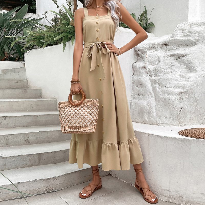 Elegant Square Collar Office Dress with Button Detail