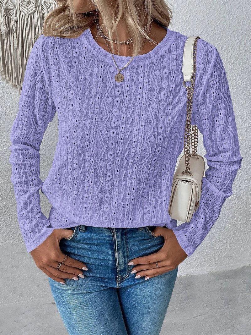 Round Neck Solid Color Lace T-Shirt - Image 4