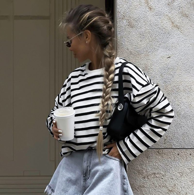 Autumn Long Sleeve Loose Striped T-shirt - Image 3