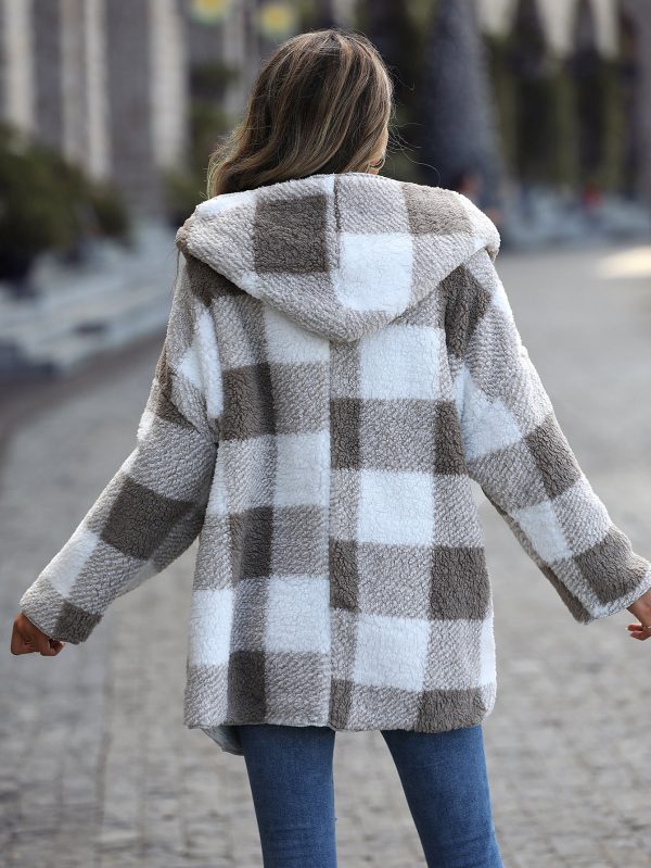 Hooded Plush Plaid Buckle-Free Coat - Image 2