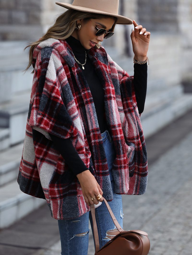 Hooded Half-Sleeve Scottish Plaid Plush Coat for Women - Image 2