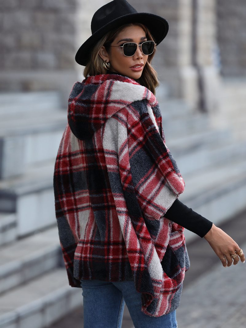 Hooded Half-Sleeve Scottish Plaid Plush Coat for Women - Image 3