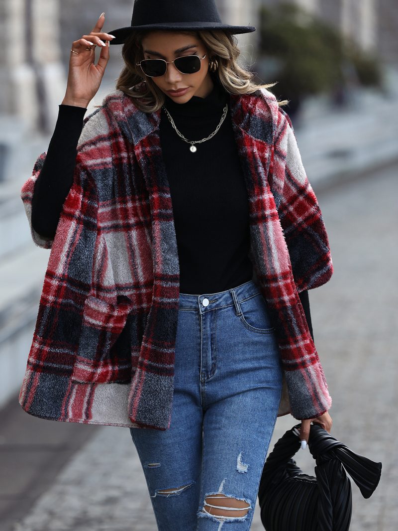 Hooded Half-Sleeve Scottish Plaid Plush Coat for Women - Image 4