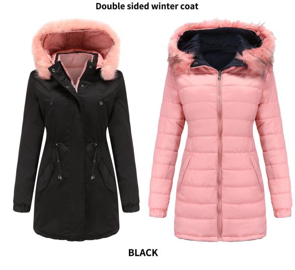 Double-Sided Wear Cotton Padded Parka for Women with Detachable Fur Collar and Hat - Image 2