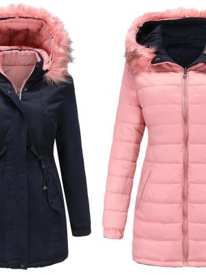 Double-Sided Wear Cotton Padded Parka for Women with Detachable Fur Collar and Hat