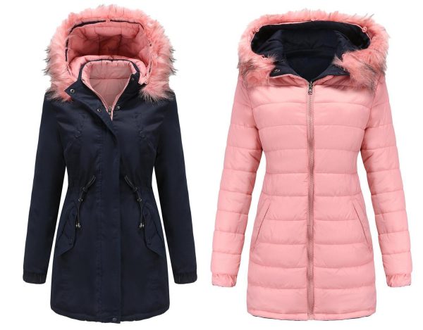 Double-Sided Wear Cotton Padded Parka for Women with Detachable Fur Collar and Hat