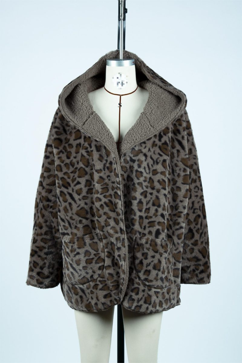 Hooded Leopard Print Bubble Velvet Outerwear for Casual Autumn Day - Image 5