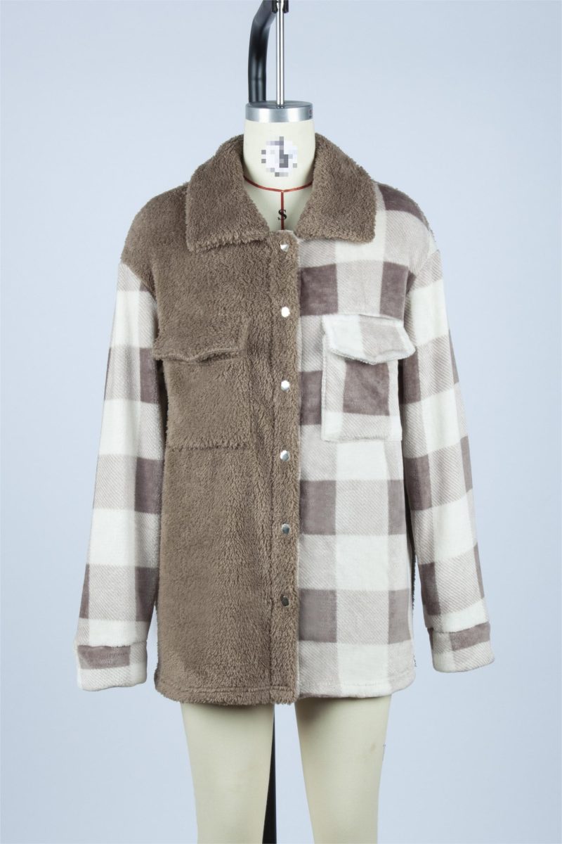 Plush Collared Coat with Long Sleeve Flannel Plaid Detailing - Image 5