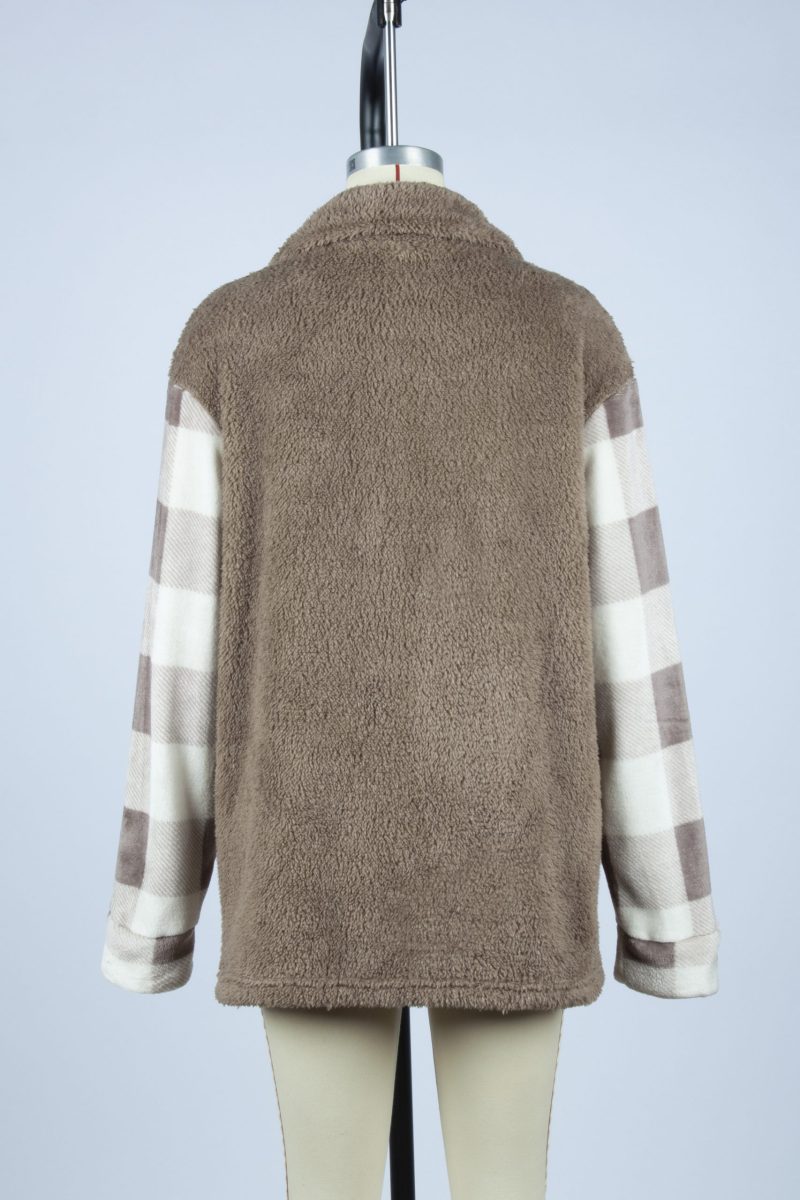 Plush Collared Coat with Long Sleeve Flannel Plaid Detailing - Image 6