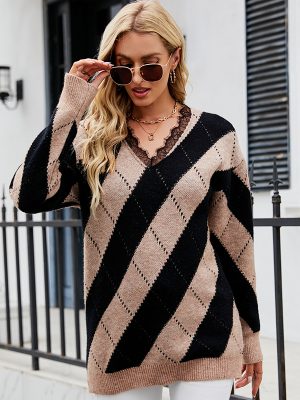 Lace V-Neck Color-Matching Sweater