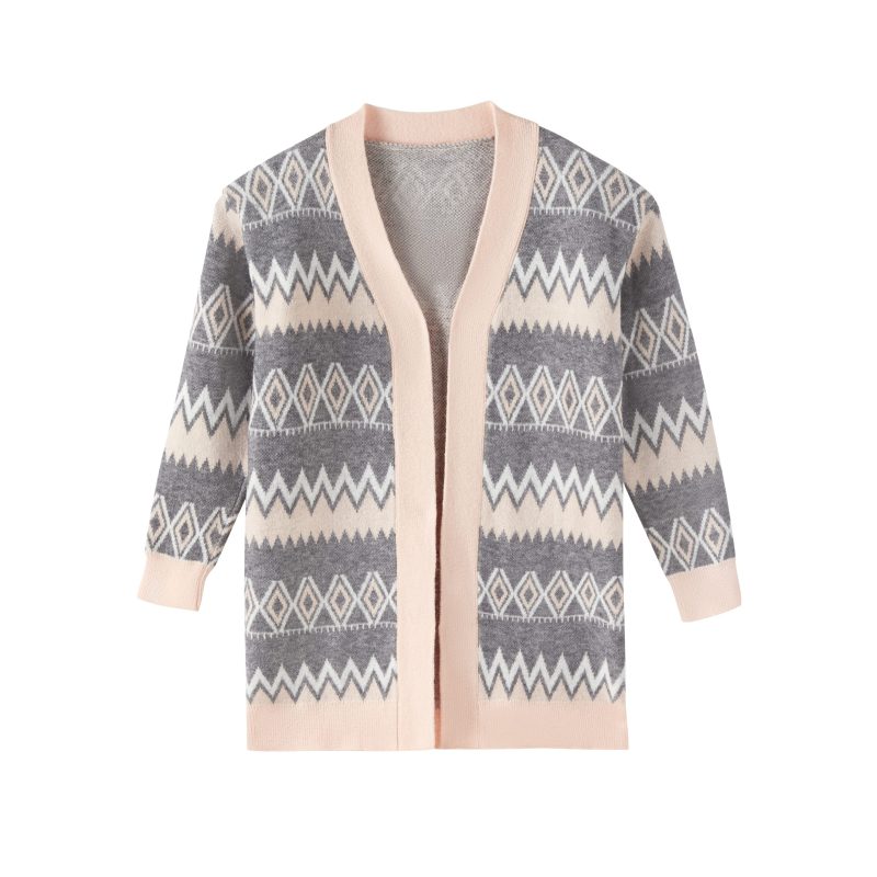 Rhombic Mid-Length Knitted Cardigan - Image 6