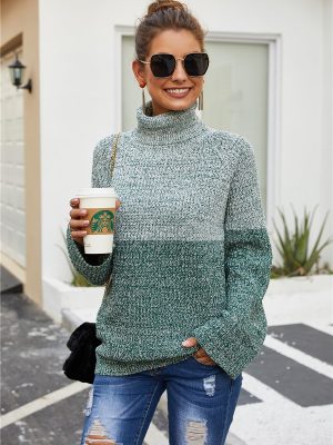 Cozy Color Block Knitwear: Stylish High Neck Sweater