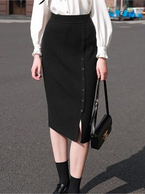 High Waist Knitted Slit Sheath Skirt for Autumn/Winter