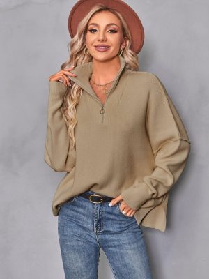 Long Sleeve Zipper Pullover with Split Detail for Women in Autumn/Winter