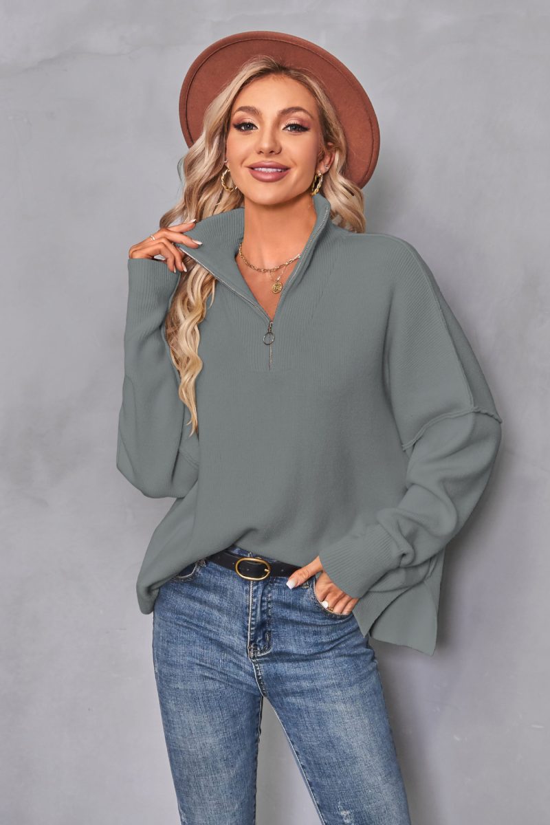 Long Sleeve Zipper Pullover with Split Detail for Women in Autumn/Winter - Image 3