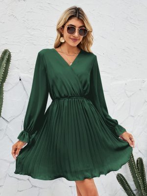 V-Neck Pleated Long Sleeve Mini Dress for Wedding Guests