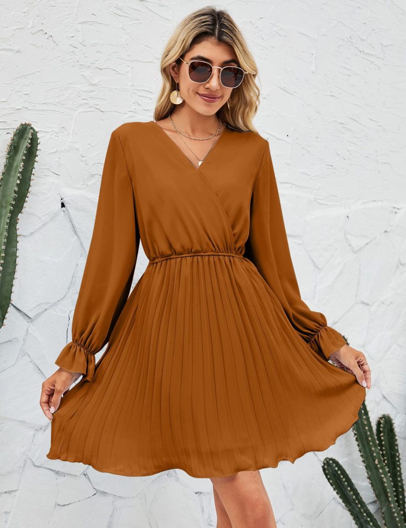 V-Neck Pleated Long Sleeve Mini Dress for Wedding Guests - Image 2